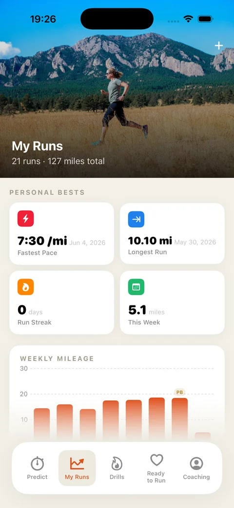 My Runs — weekly mileage and personal bests