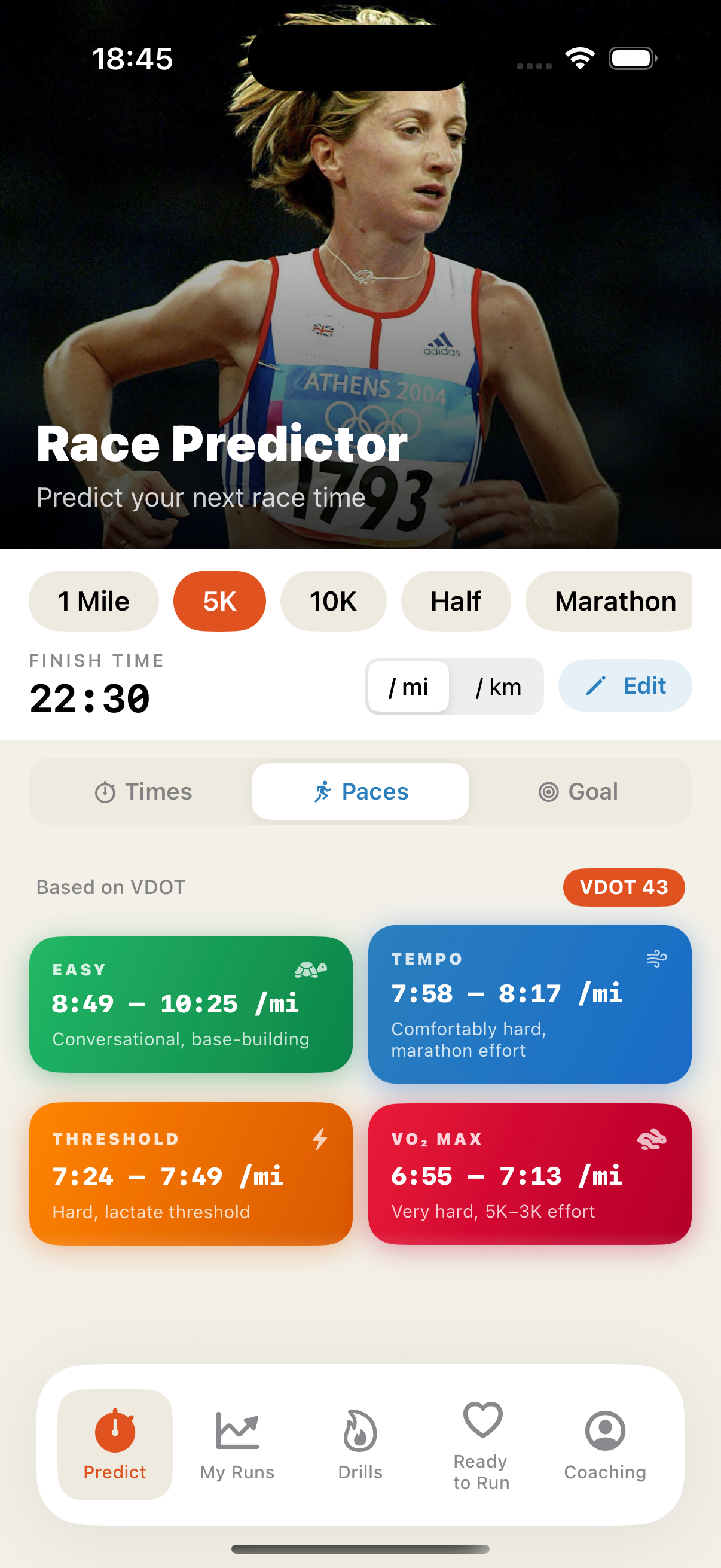 Ready to Run — Race Predictor screen showing training paces