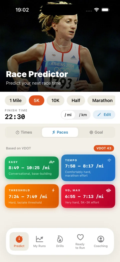 Race Predictor — training paces from your last race